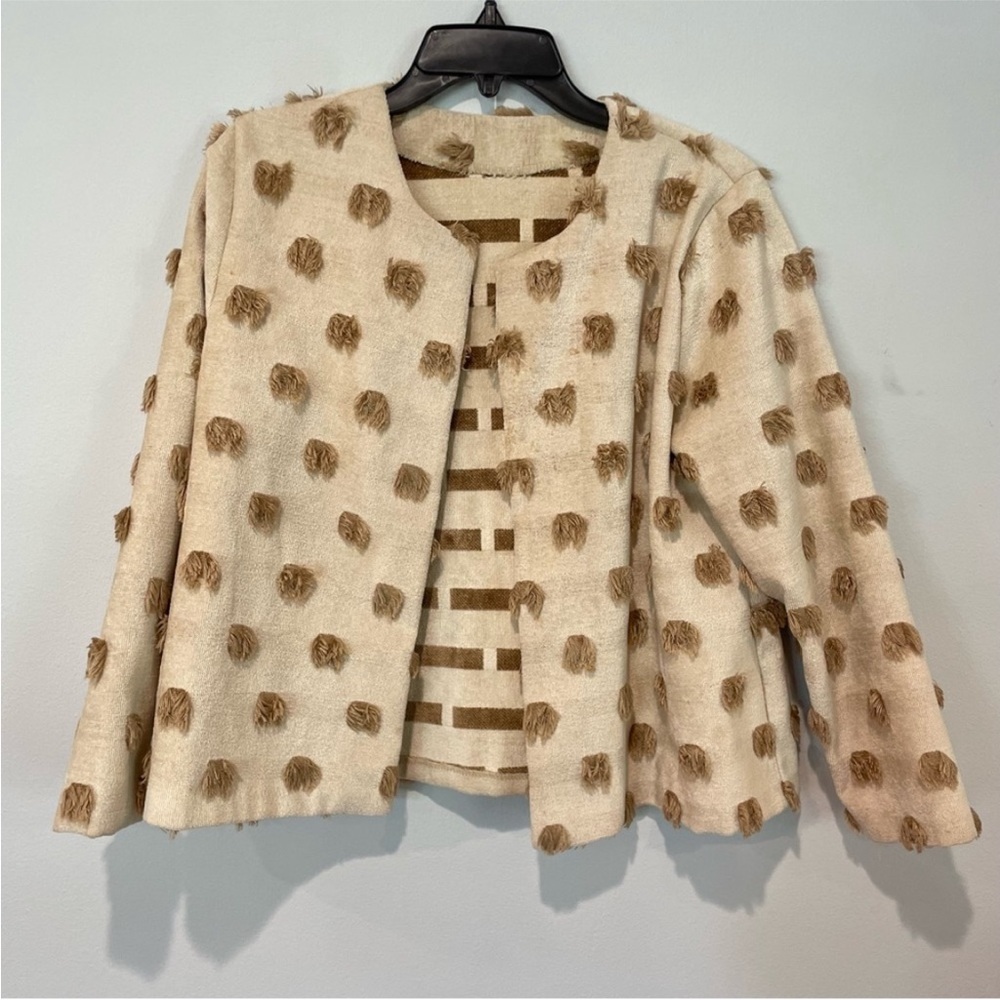 Vintage Style HomeMade Cream and Brown open front Jacket Fringe pattern design